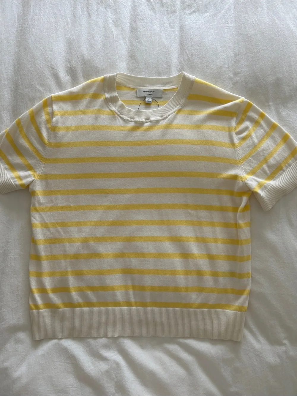 Banana Republic Cream and Yellow Striped Short-Sleeve Crewneck